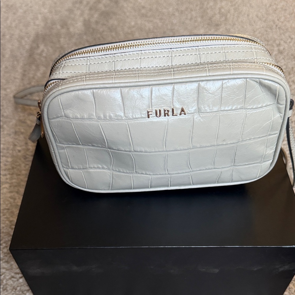 Furla Light gray Croc-Embossed Leather Crossbody